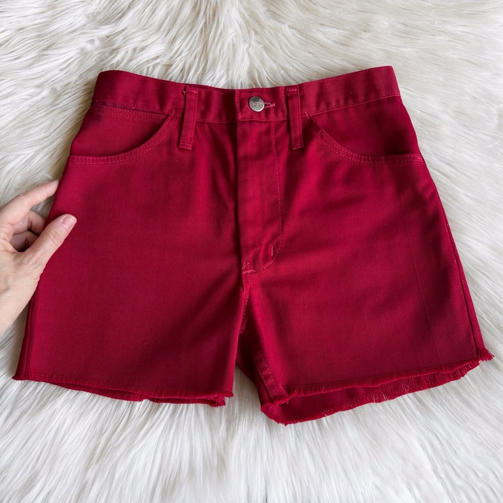 Vintage 1970s WRANGLER Brick Red High-Rise Denim Cutoff Shorts • USA Cotton 26”